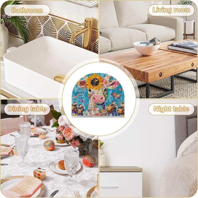 Fustylead Cute Cow with Sunflower Butterfly Napkin Holder for Table Acrylic Vertical Napkin Holders for Paper Napkins Decor Napkin Dispenser for Home Party Dining Cocktail Kitchen Accessories, 2 Pack