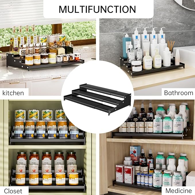 Expandable Carbon Steel Spice Rack Organizer for Pantry, Adjustable 3-Tier Ladder Shelf,Holds Up to 24 Cans,Kitchen Countertop Organizer, Rustproof Storage Rack for Spices, Cans, Sauces & Dry Goods