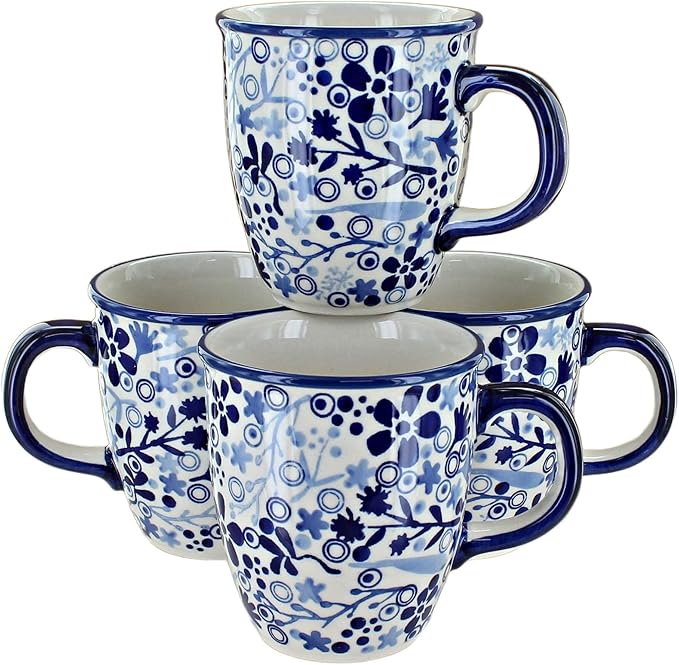 Blue Rose Polish Pottery - Blue Darcy 4 Piece Mug Set - 4 8 oz Mugs - Great Mug Set for Entertaining Guests