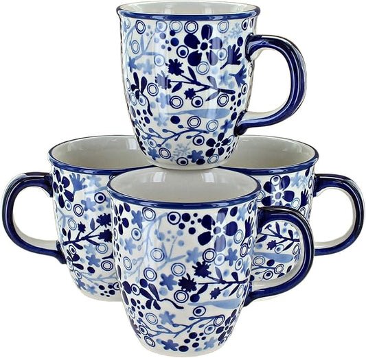 Blue Rose Polish Pottery - Blue Darcy 4 Piece Mug Set - 4 8 oz Mugs - Great Mug Set for Entertaining Guests