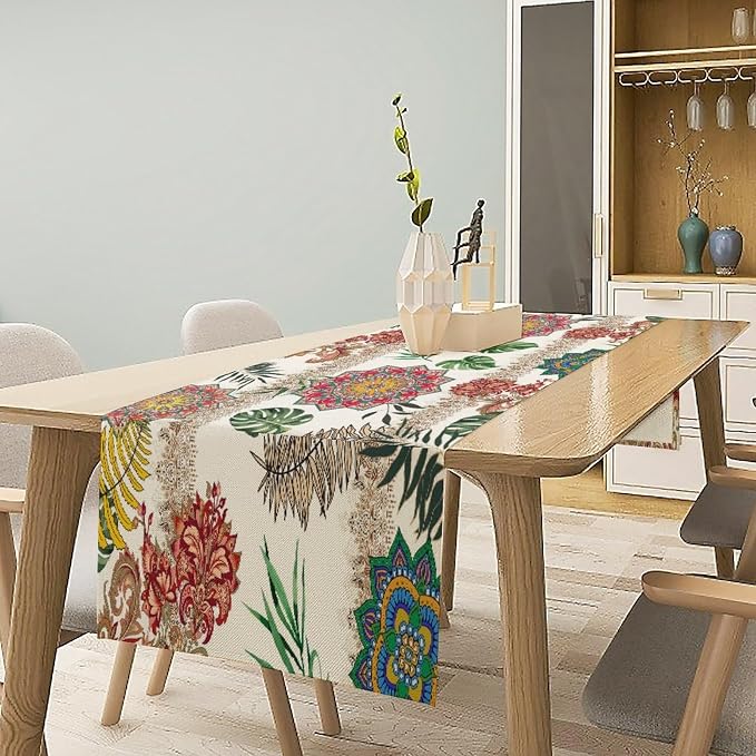 Boho Floral Table Runner, Vintage Rustic Abstract Geometric Natural 70s Watercolour Indian Mandala Botanical Flower Leaves Table Decor Table Top Dining Kitchen Wedding Party 13x108 in