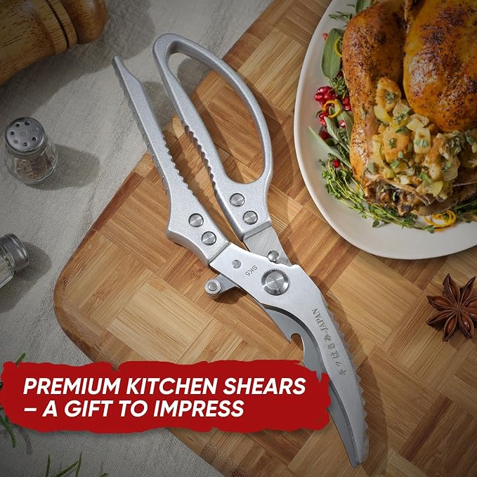 TIVOLI Poultry Shears Silver,Japanese Kitchen Shears Heavy Duty with Non-Slip Handle & Safety Lock,Multifunctional Kitchen Scissors for Chicken, Meat, Turkey, Fish, Vegetables,Ideal Gift