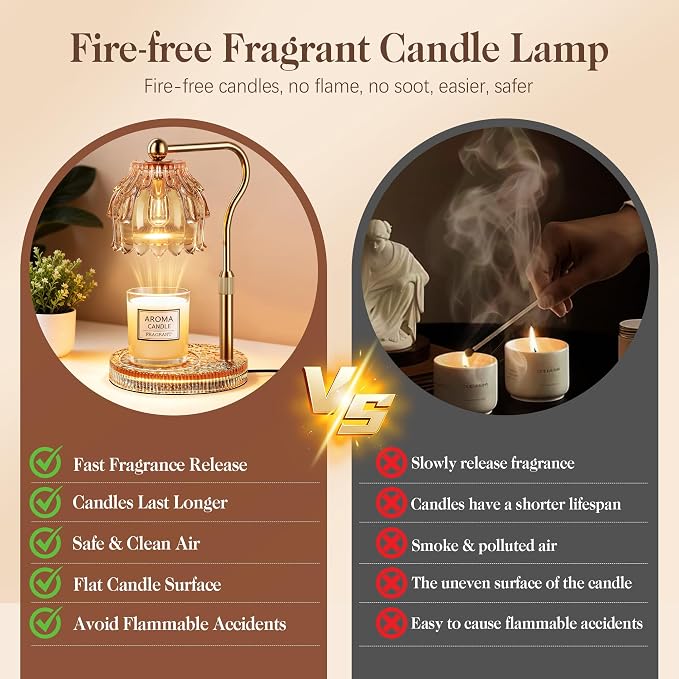 Candle Warmer Lamp with Timer Dimmer, Modern Wax Warmer for Scented Wax Jar Candle Warmer with 2 Bulbs, Adjustable Height Glass Lamp for Women, House Warming Gifts, Gold Amber