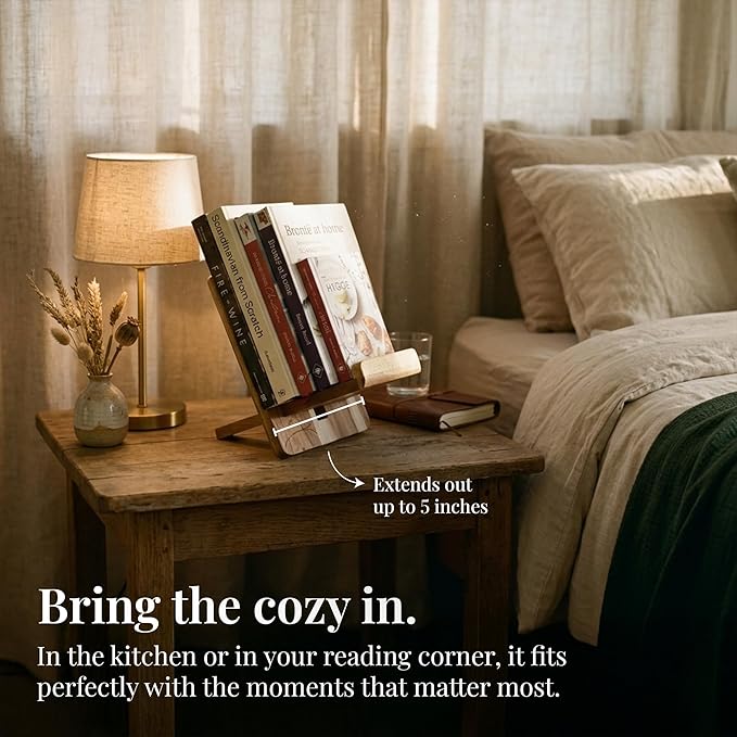 Wooden Cookbook Stand for Kitchen Counter - Reversible Recipe Book Holder with Cooking Measurement Conversion Card - Gift-Ready Adjustable Tablet Cookbook Holder Stand - 11"x8.2"