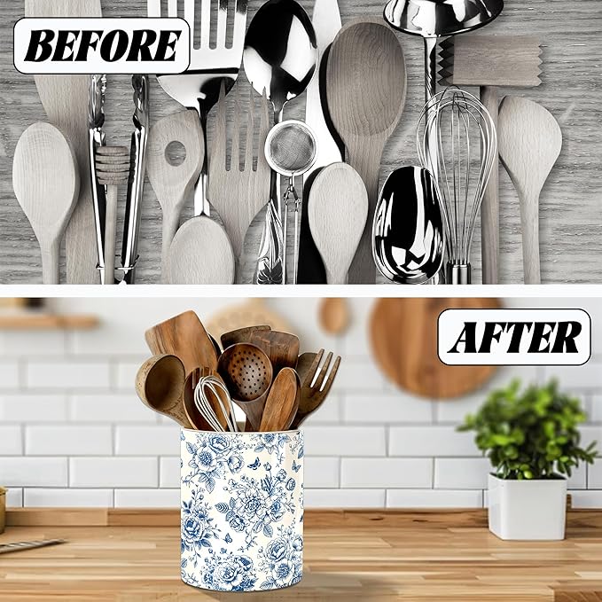 Chinoiserie Floral Utensil Holder, Ceramic Kitchen Utensil Holder, Utensil Crock for Home Kitchen Countertop Storage Organizer Container, Large Holder for Spatulas, Spoons, Kitchen Counter Decor, 6"