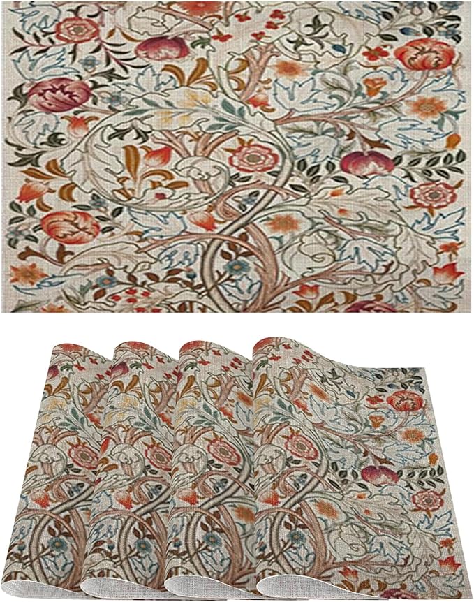 Vintage Floral Botanical Placemats Set of 4 William Morris Washable Heat Resistant Place Mats for Dining Table Rustic Nature Cottagecore Linen Woven Wipeable Kitchen Table Mats 11.8"X17.7"