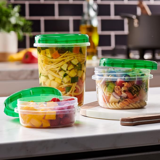 PLASTICPRO 12 Pack Twist Cap Food Storage Containers with Green Screw on Lid- 8 oz Reusable Meal Prep Containers - Freezer and Microwave Safe Green Plastic Food Storage