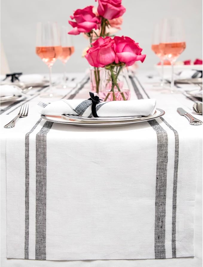 Solino Home Linen Table Runner 120 Inches Long - 100% Pure Linen Black and White French Stripe Table Runner 14 x 120 Inch for Dining, Summer