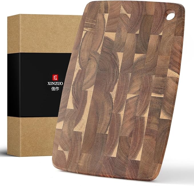 XINZUO Small Acacia Wood End-Grain Kitchen Cutting and Serving Board, for Kitchen, 14" x 9" Reversible Wooden Chopping Board for Meat, Cheese, Fruit & Vegetables,Easy to Clean(Rectangular)