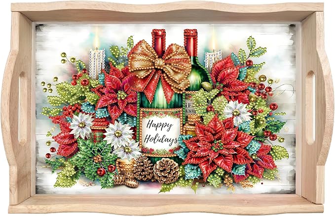 BAYUNOE DIY Diamond Serving Tray Christmas Rectangular Breakfast Tray with Handle Handmade Diamond Art Painting Wooden Tray for Dinner Plate Coffee Room Living Home Organizer-Champagne