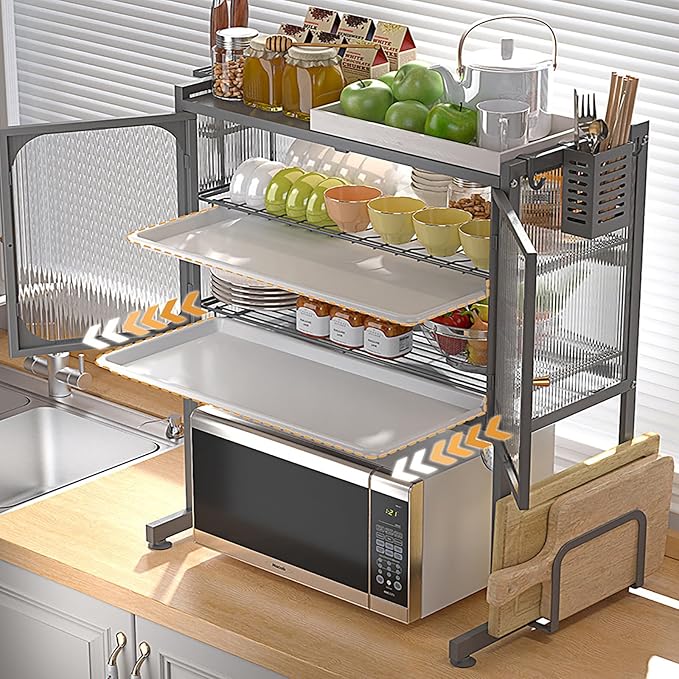 Kitchen Storage Rack, 3-Tier Metal Dish Rack, Over The Sink Dish Drainer Drying Rack, Table Standing Microwave Oven Shelf with Feet Adjustable Height, Home Storing Organizer Unit (Black)