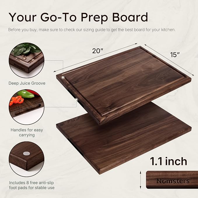 20 Inch Luxury American Black Walnut Wood Cutting Boards for Kitchen, Large Reversible Wooden Cutting Board, Handcraft Solid Hardwood Charcuterie Board Butcher Block Made in USA Kitchen Gift