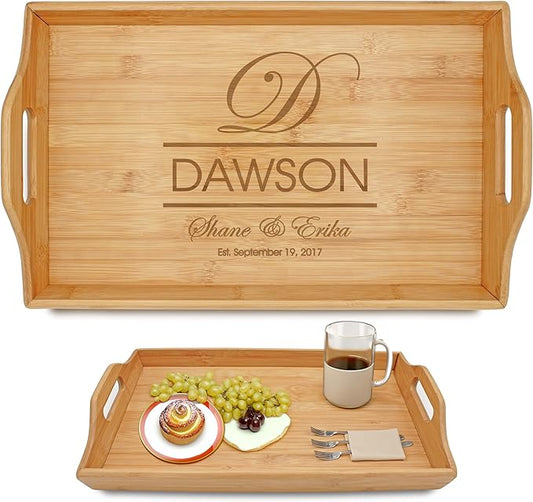 Personalized Bamboo Wood Serving Tray with Handles, Engraved Wooden Trays, Wedding Gifts, Housewarming Gifts (Dawson)