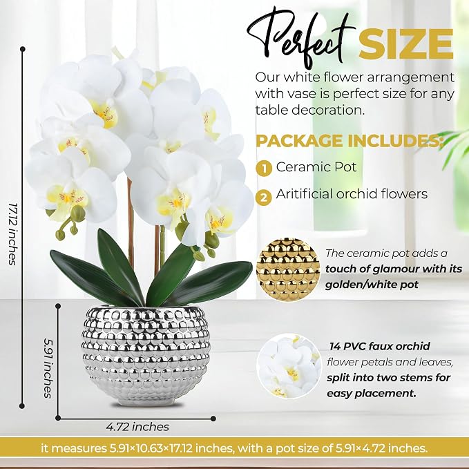 Large Orchids Artificial Flowers, 17'' White Faux Orchids with Gold Pot for Living Room Decor, White Faux Orchid Plant for Bathroom Kitchen Home Indoor Hotel Decor (Large Silver)