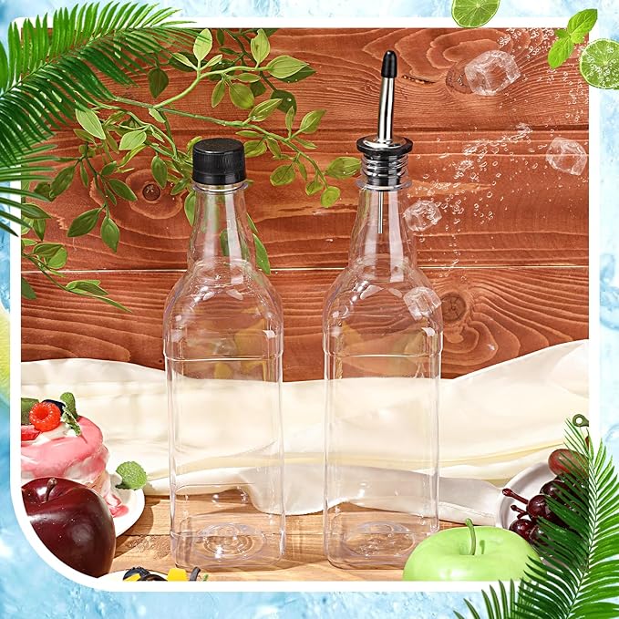 Dandat 6 Packs 800ml Plastic Empty Syrup Bottles with Lids and Pourers Speed Pour Long Neck Bottles Bulk Pour Containers for Oil Juice Syrup Coquito Drink for Kitchen Bar Holiday Drink Party