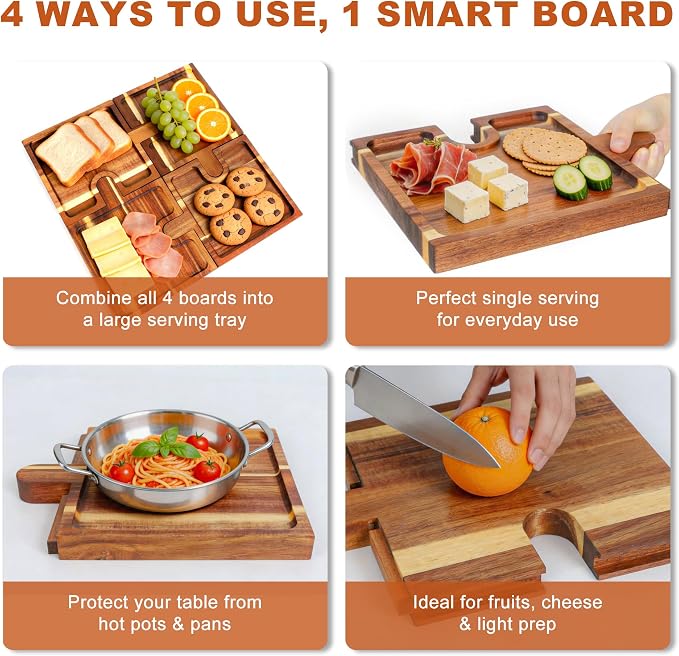 Wooden Charcuterie Boards Set of 4, Puzzle Serving Trays with Stand | Made from acacia wood,4-piece puzzle design,portable,18 inch ideal for charcuterie,snacks,appetizers,parties and gatherings