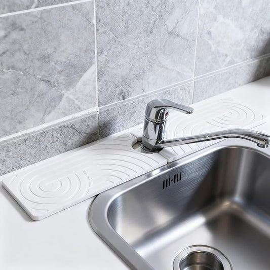 Hopegiver Stone Faucet Mat for Kitchen Sink - Fast Drying Diatomite Sink Protector Prevent Moisture, Super Water Absorbing Stone Tray for Kitchen & Bathroom Counter (White Line, 23.6"x5.1")