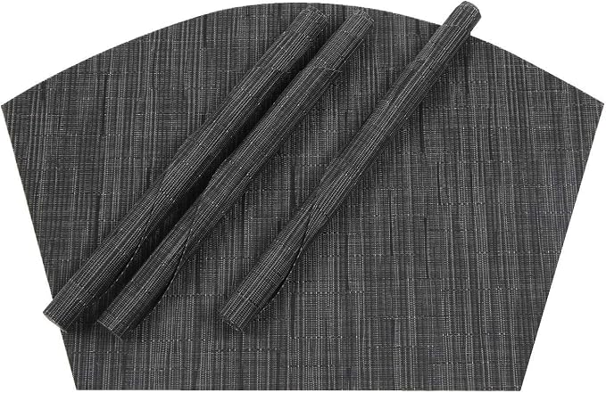 SHACOS Round Table Placemats Set of 7 Wedge Shaped Place Mat with Centerpiece Round Mat Heat Resistant Table Mats Washable (7, Black Gray)