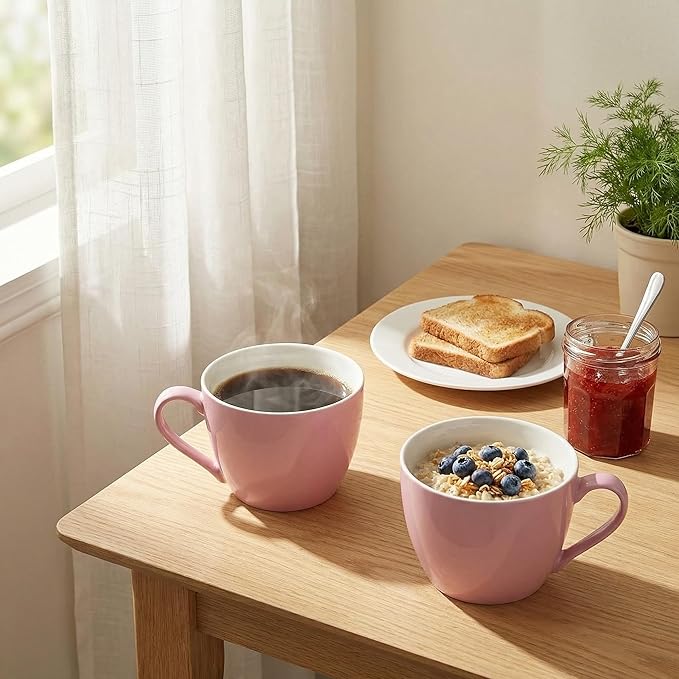 MECOWON 30 OZ Porcelain Coffee Mugs, Set of 2 Large Mugs for Soup, Cereal and Salad (pink)