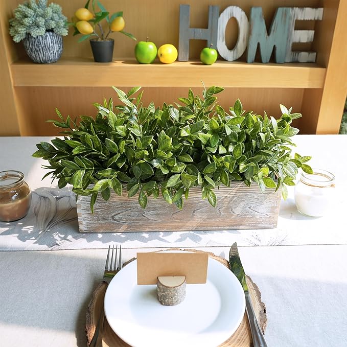 Winlyn 14" Faux Boxwood Plant in Rectangular Wood Planter Box Rustic Greenery Arrangement Artificial Potted Herb Plant for Farmhouse Home Decor Wedding Mantel Shelf Windowsill Dinner Table Centerpiece
