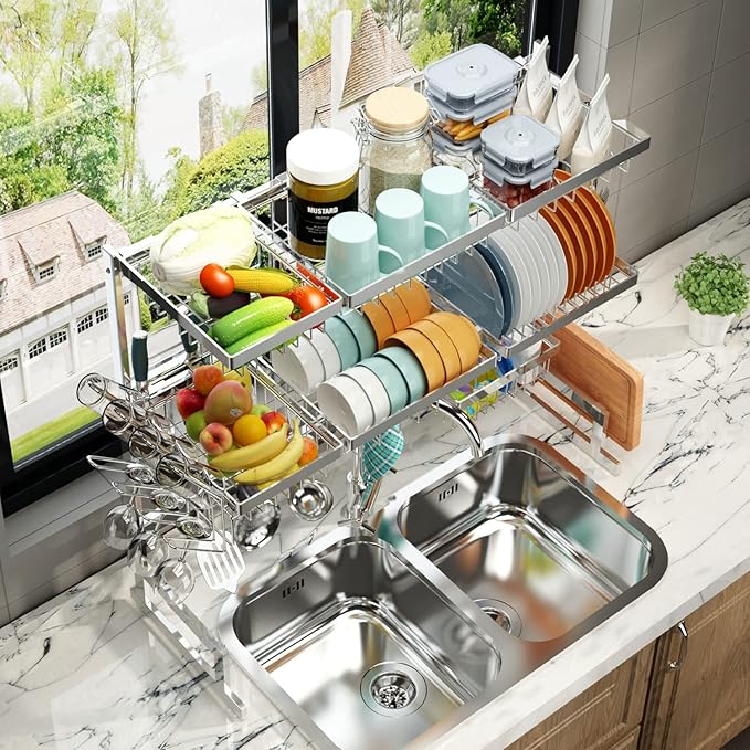 PUSDON Over Sink Dish Drying Rack Stainless Steel, Adjustable Large Dish Drainer for Storage Kitchen Organization Silver 3 Tier - Standard(34"-46")