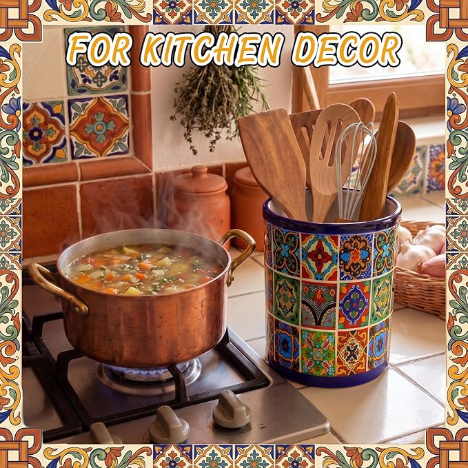 LemonRoad 6.7" H Talavera Utensil Holder for Kitchen Counter,Ceramic Cooking Utensil Crock Modern Farmhouse Countertop Organizer for Spatula Ladle Kitchen Counter Decor