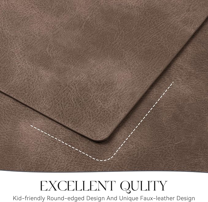 MOSAYT Vinyl Placemats Set of 8-12 X 17 Inch - Faux Leather 100% Waterproof Oil-Proof Wipeable PU Place Mats, Heat Resistant Reversible Table Mats for Kitchen, Dining, Outdoor, Brown