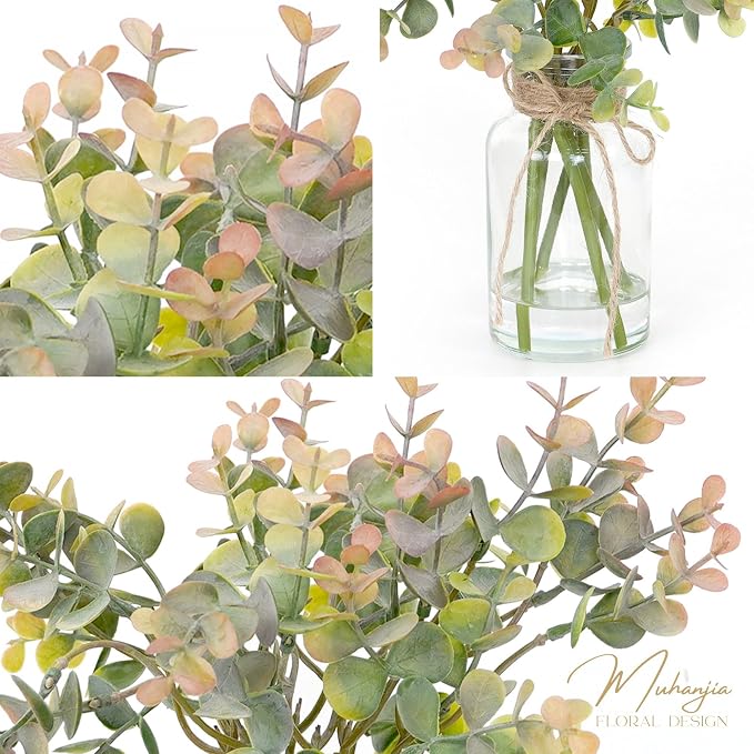 Muhanjia Artificial Eucalyptus Stems in Glass Vase with Faux Water,6Pcs Grey-Orange Fake Plant for Centerpiece (Grey-Orange Eucalyptus)