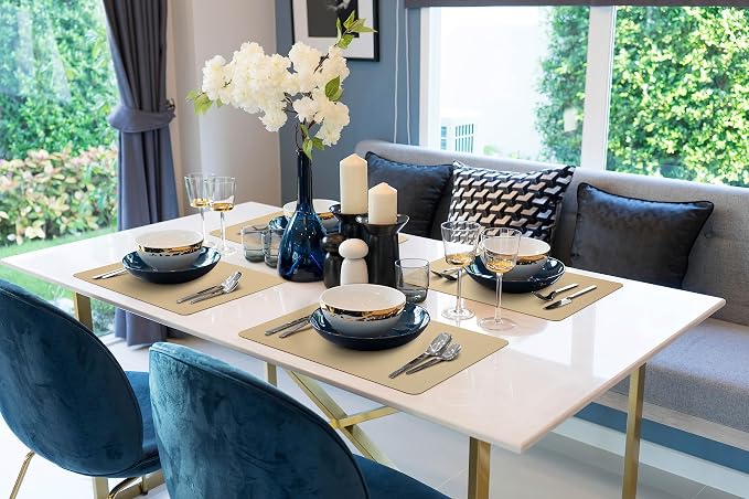 More Décor Faux Leather Placemats Set of 4 for Dining Table – Waterproof, Wipeable, Washable, Stain & Heat Resistant, Non-Slip Table Mats – 12 X 17 Inch, (Solid Beige 4)