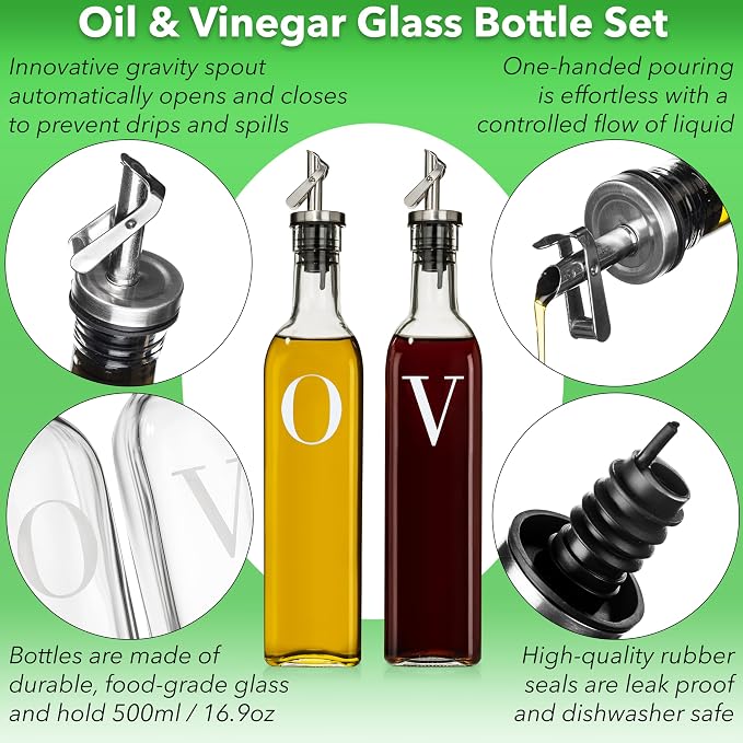 GREENOLIVE Olive Oil and Vinegar Dispenser Set - 17 oz. Glass Bottles with No-Drip BPA-Free Spouts - Stylish O and V Identifiers for Kitchen and Dining Use - Set of 2