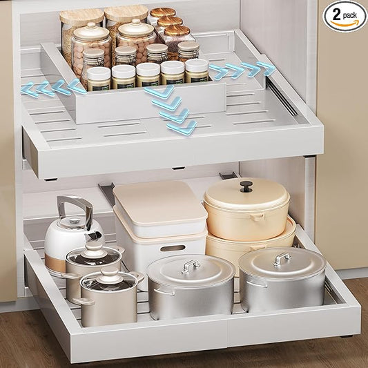 2 Pcs Pull Out Cabinet Organizers, Width (12"-19") and Depth (17"-23") Expandable With 3 Slides, No Drill Slide out Drawers Adhesive Film or Nail Cabinets Without Lip in Kitchen, Bathroom