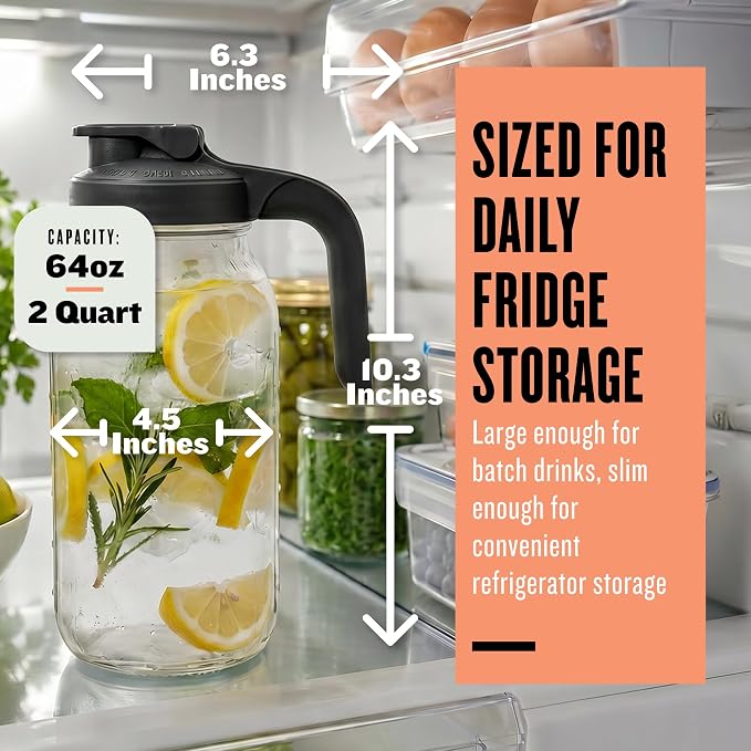 County Line Kitchen Glass Mason Jar Pitcher with Lid - Wide Mouth, 2 Quart (64 oz) - Heavy Duty, Leak Proof - Sun & Iced Tea Pitcher, Cold Brew Coffee, Breast Milk Storage, Water - Black