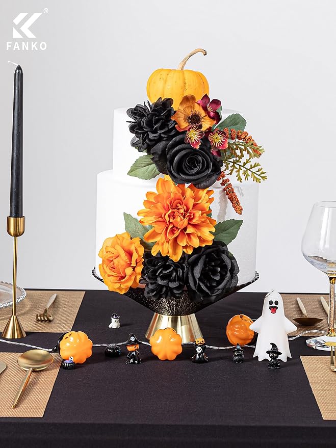 FANKO Artificial Flowers for DIY, Black Orange Faux Flowers Bouquet, Fake Rose Poppy Silk Flowers for Vase, Home Decor, Celebrations, Summer Wedding, Gothic Events, Party