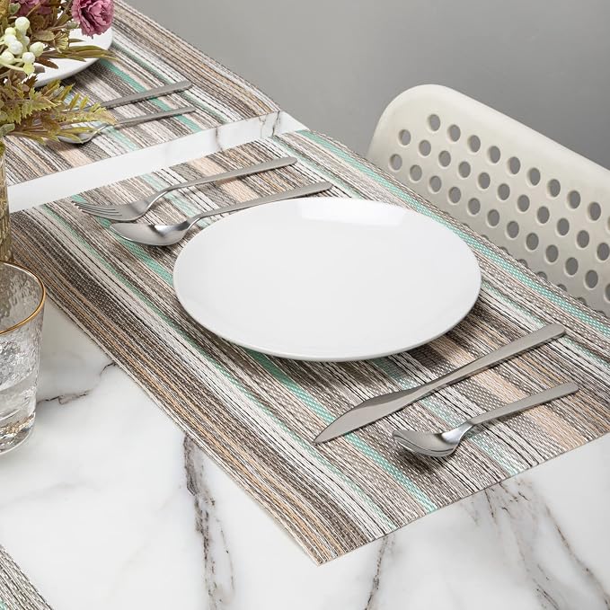 Winknowl Placemats Set of 8, Heat Resistant Non-Slip Vinyl Woven Table Mats for Dining Table, Washable Durable Elegant Place Mats for Kitchen Indoor/Outdoor Use (Teal Green)