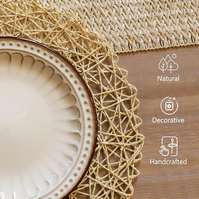 AHHFSMEI Paper Braided Round Placemats Natural Non-Slip Heat Resistant Table Mats for Dining Tables Farmhouse Woven Indoor & Outdoor Place mats for Thanksgiving (12, Beige B)