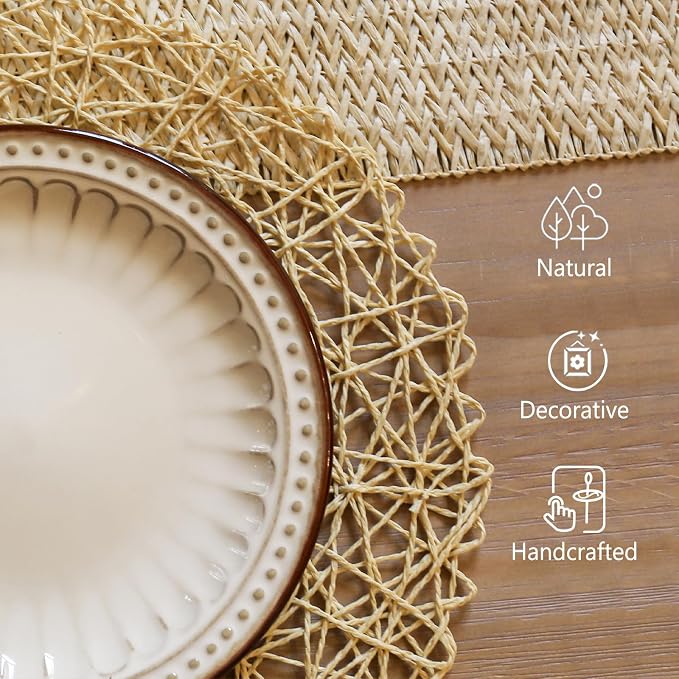 AHHFSMEI Paper Braided Round Placemats Set of 6 Natural Non-Slip Heat Resistant Table Mats for Dining Tables Woven Indoor & Outdoor Place mats(Beige)
