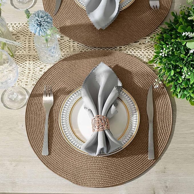 AHHFSMEI Round Placemats Set of 6 Heat Resistant Washable Non-Slip Woven Braided Table Mats for Dining Table Kitchen & Home Decor (Brown A)