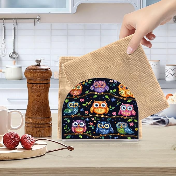 Napkin Holder Acrylic Napkin Holder for Table Kitchen Party Restaurant U Shaped Upright Napkin Dispenser Organizer Vibrant Owls Branches Flowers Spring