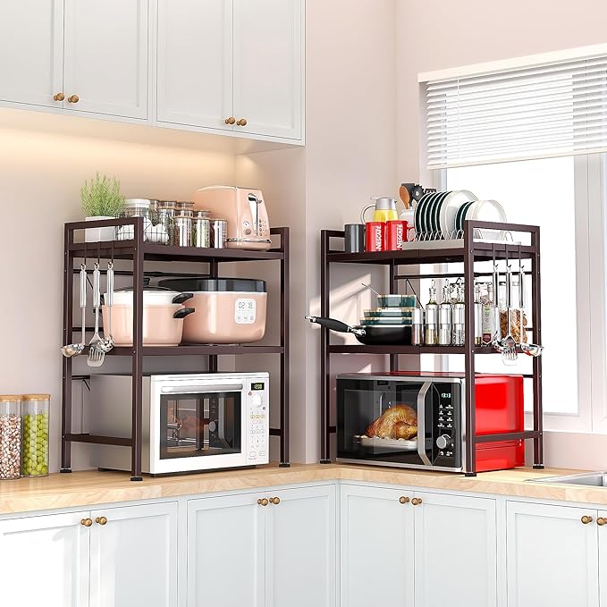 PUSDON 3-Tier Expandable Microwave Oven Rack, Countertop Baker's Rack Style Shelf, Heavy Duty Adjustable Stand with Hooks, 160lbs Capacity Rustic Decor, Vintage Bronze