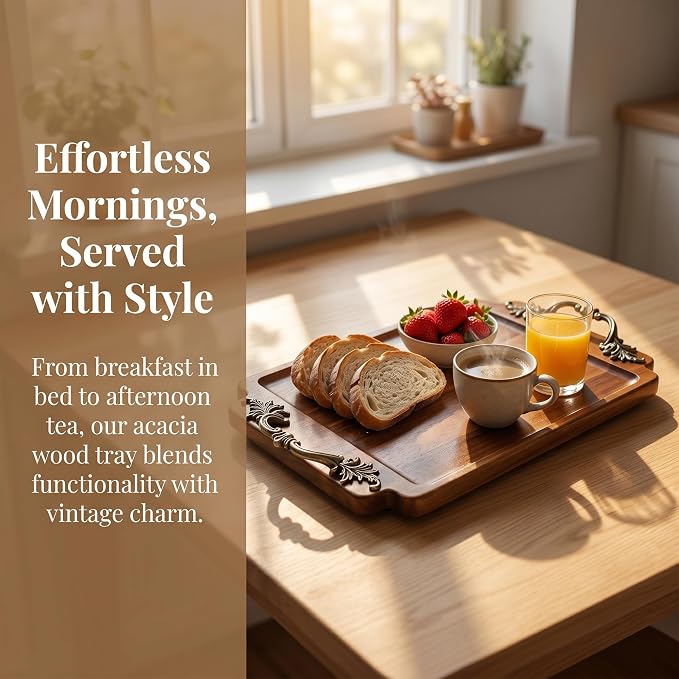 Vintage Coffee Table Decor Wooden Serving Tray, Home Decorative Wood Vanity Tray for Bathroom Kitchen Bedroom