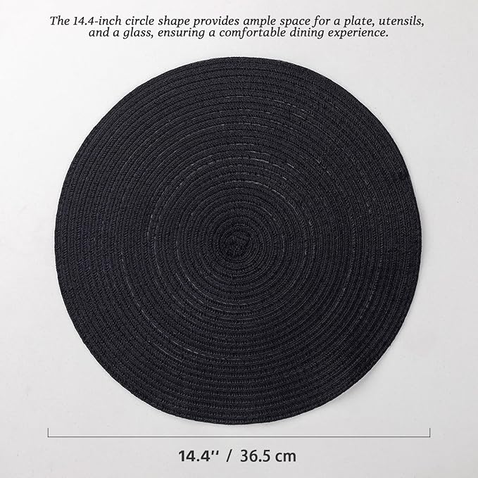 Round Placemats Set of 12 Woven Placemats Washable Braided Table Mats for Dining Table Heat Resistant Non-Slip Circle Place Mats(Black)