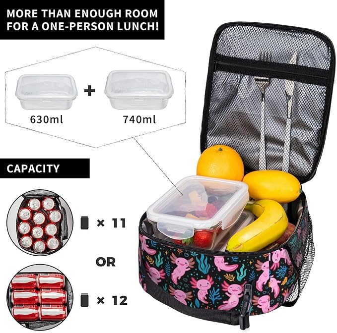 Axolotl Insulated Lunch Box - Leakproof Reusable Cooler Tote with Side Pocket, Thermal Meal Prep Bag with Reinforced Handle for Men Women, Office Work, Picnic, Hiking & Travel