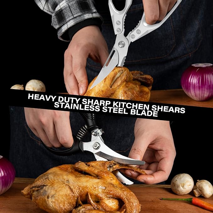 2PCS Kitchen Shears Set, Heavy Duty Poultry Shears with Spring Loaded, All Purpose Kitchen Scissors for Food Come Apart Culinary Chef Scissors for Cutting Chicken Meat Vegetable, Black & Silver