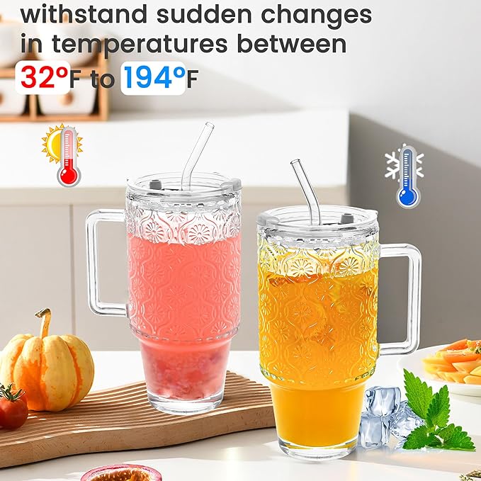 24 oz Glass Cups with Handle Iced Coffee Glass Tumbler with Thick Plastic Lid Leak Proof Vintage Drinking Glasses for Gift Juice Smoothie Boba Tea(Ribbed & Begonia)