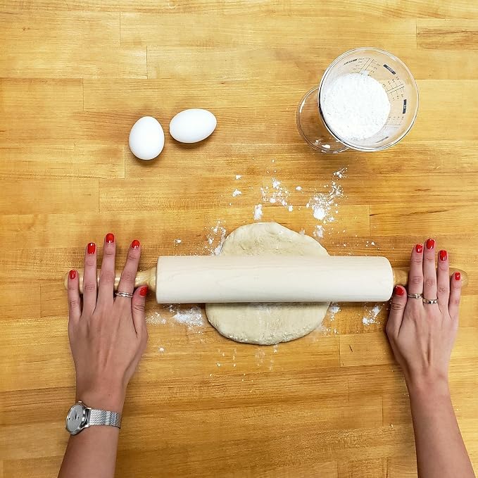 Frieling Maple Rolling Pin with Handles - 2.4-in x 12-in Barrel, 21-in Total Length-Natural Wood - Baking Essentials, Pastry Roller & Pizza Dough Roller