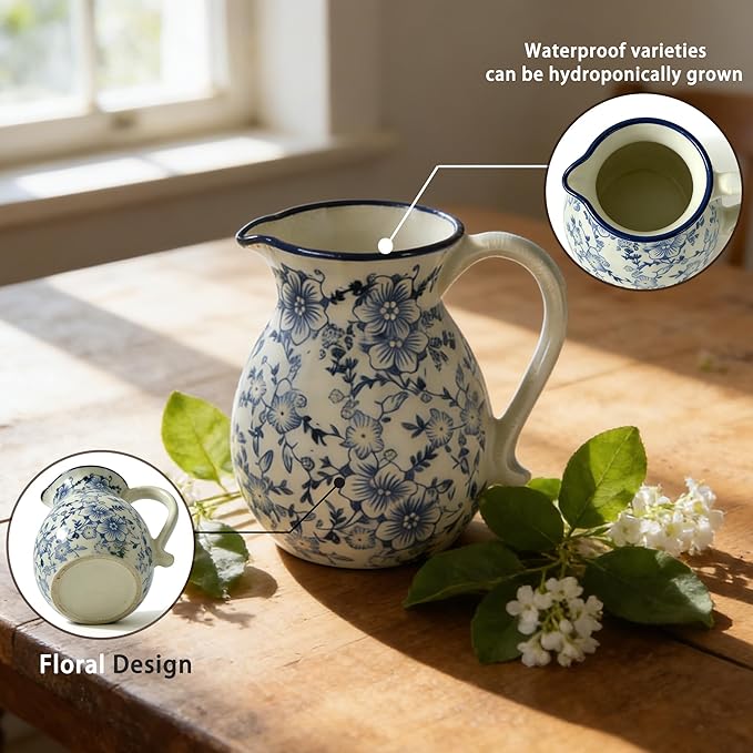 Ceramic Utensil Holder for Kitchen Counter, 6.1 Inch Modern Farmhouse Rustic Cooking Utensil Holder for Countertop Home Decor, Vintage Utensil Organizer Crock for Cooking & Spoon Tools (Blue & White)