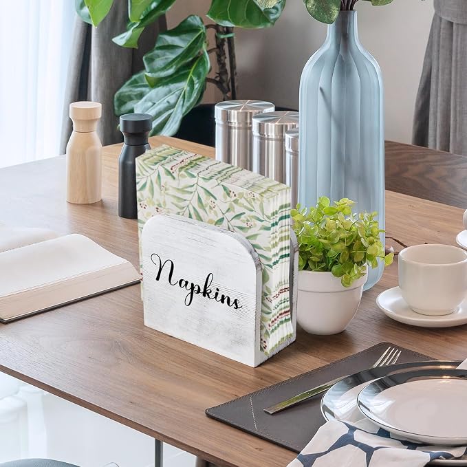 ALELION White-washed Wood Napkin Holder for Table, Wooden Upright Napkin Holders for Kitchen, Standing Napkin Dispenser for Rustic Kitchen Dining Room Party Cocktail Outdoor Decor