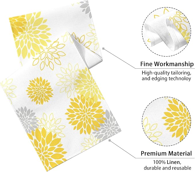 Dahlia Flower Table Runner 13x36 Inch Farmhouse Yellow Gray Runners Modern Table Decorations Rustic Geometric Coffee Table Runner for Home Kitchen Dining Room Party (13"x36", Dahlia Floral-Yellow)