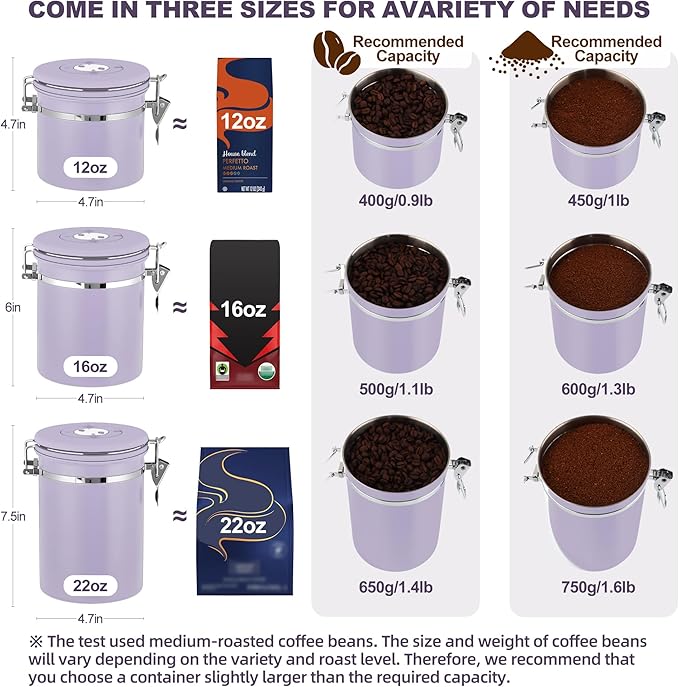 ShanSon Coffee Canister Airtight, Stainless Steel Bean Storage Container with Date Tracker & Scoop, Grounds Sugar Flour Tea Cereal Fits Kitchen Pantry, Ideal Gift for Coffee Lovers,22oz, Purple
