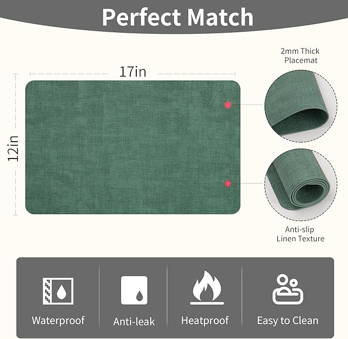 Maxpearl Faux Leather Placemats Set of 6 - Waterproof - Wipe Clean - Heat Resistant - Anti Slip Dining Table Place Mats, Suitable for Indoor & Outdoor Use, 17’’×12’’, Dark Green